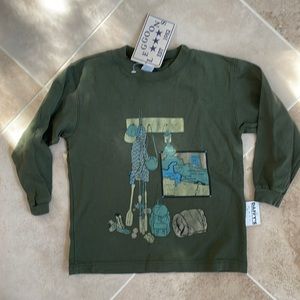 LEGGOONS BOYS 7 long sleeve t shirt olive green camping boats backpack canyon